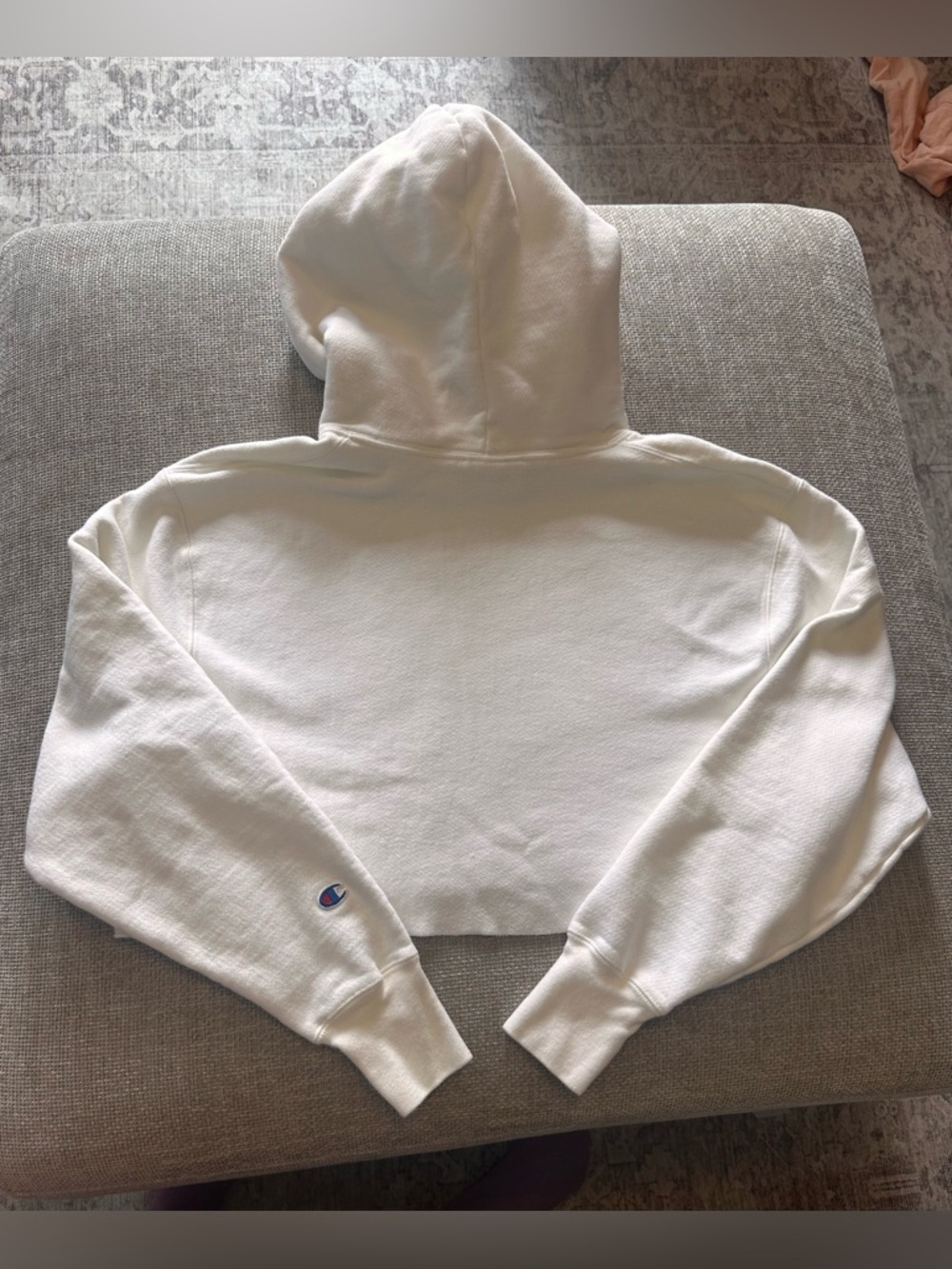 Champion Pure White Cropped Hooded Sweatshirt with Embroidered Logo - Picture 3 of 3